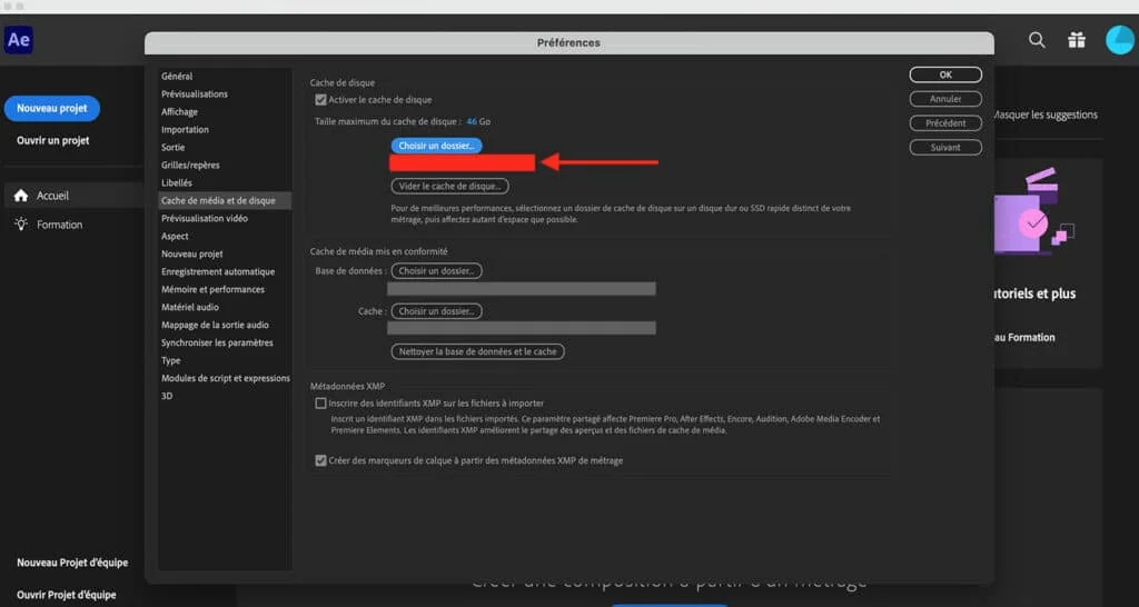 Changer l'emplacement du cache sur After Effects